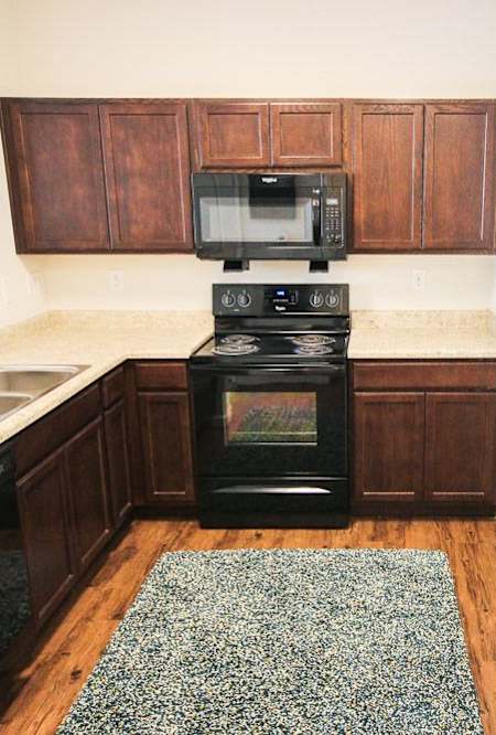 A kitchen with a black refrigerator and black oven.