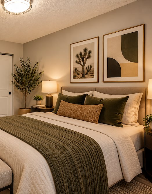 Fusion Las Vegas bedroom with large bed, framed art on the wall, and a plant in the corner.