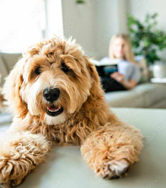 A small brown dog with curly fur is lying on a green couch.