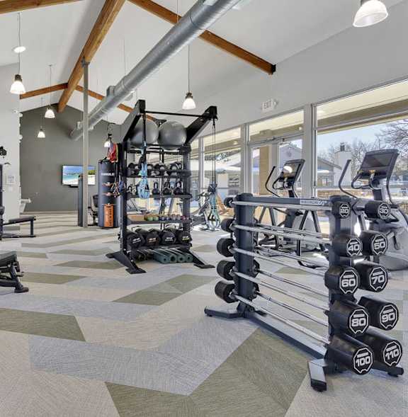 A gym with a variety of equipment including treadmills, weight machines, and free weights.