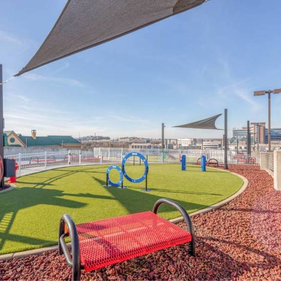 A red bench sits on a grassy area with a playground in the background.
