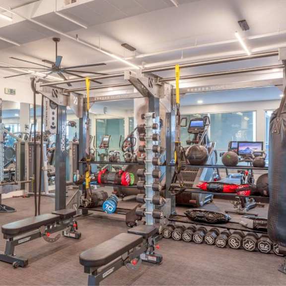 A gym with a variety of equipment including a boxing bag.