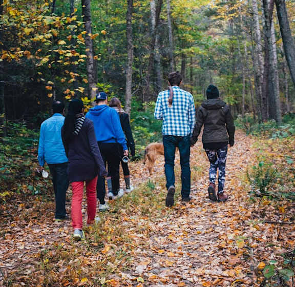 A group of people walking in the woods with a dog at Abbey Ridge Apartment Homes, Michigan