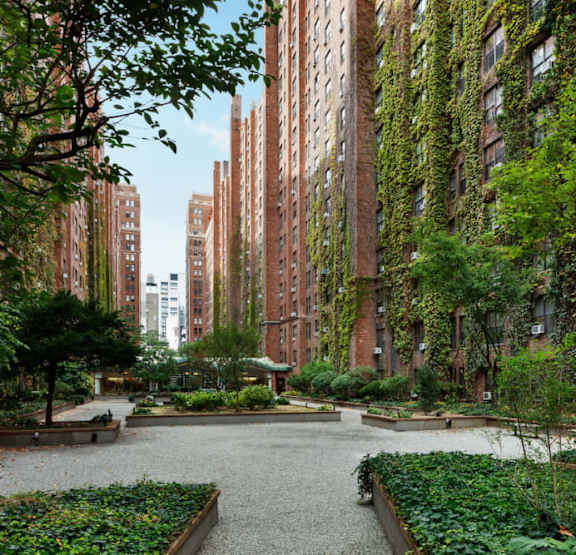 A courtyard with a gravel path and a variety of plants and trees.at London Terrace Gardens, New York, 10011