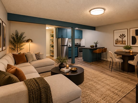 Fusion Las Vegas living room and kitchen with beige couch, a dining table, and blue kitchen cabinets.