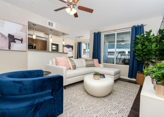 stylish furnished living room with open floor plans at Miro at the Parc, Henderson, Nevada