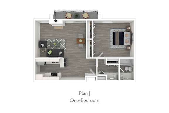 a stylized floor plan of a one bedroom apartment