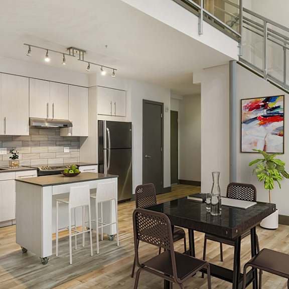 a kitchen with a stove and shelves on the wall