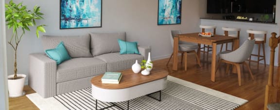 a living room with a couch and a table