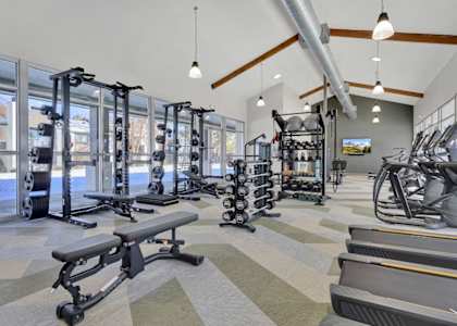 A gym with a variety of equipment including treadmills, weights, and exercise machines.