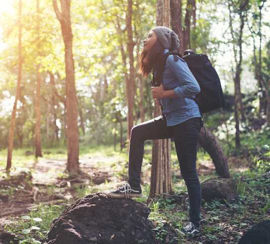 A person with a backpack is standing on a rock in a forest.