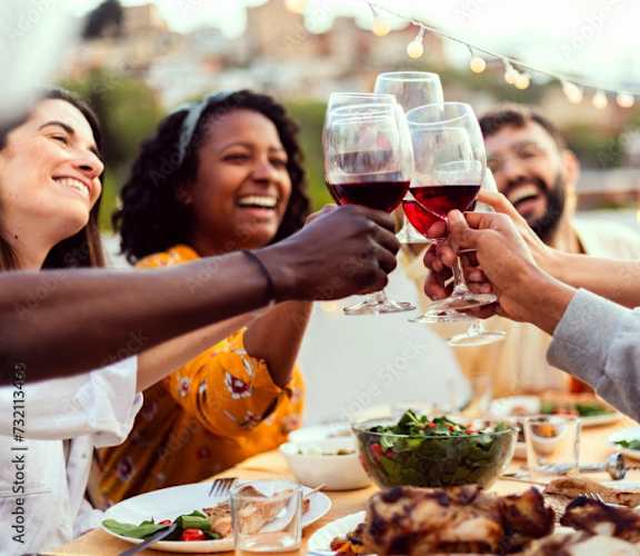 A group of people toasting with wine glasses at a dinner table.