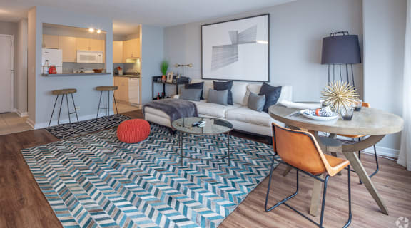 A living room with a grey sofa, a round orange cushion, a round wooden table with a chair and a rug with a chevron pattern. at Park Michigan Apartments, Chicago, IL, 60605