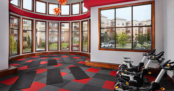 A gym with a row of stationary bikes and a checkered floor.