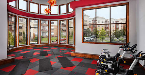 A gym with a row of stationary bikes and a checkered floor.