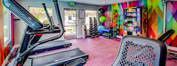 A gym with treadmills and exercise equipment.