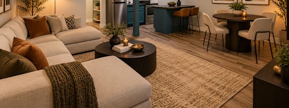 Fusion Las Vegas modern living room with a grey sofa and a coffee table.
