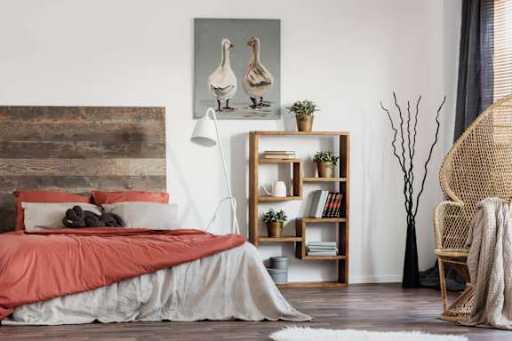 a bedroom with a bed and a bookcase