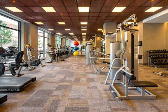 A gym with a variety of equipment including treadmills, weight machines, and free weights at The Maximilian Apartments, Long Island City