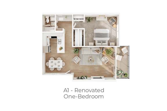 A one-bedroom apartment with a kitchen, living room, and bathroom.