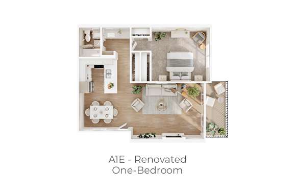 A floor plan of a renovated one-bedroom apartment.