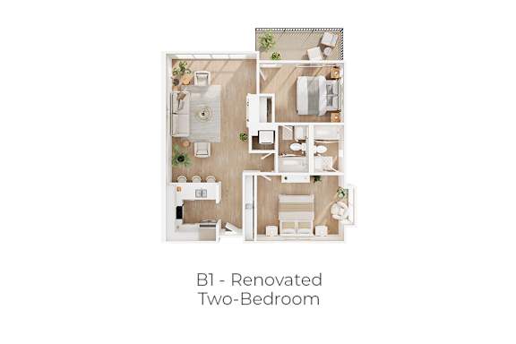 A floor plan of a renovated two-bedroom apartment.