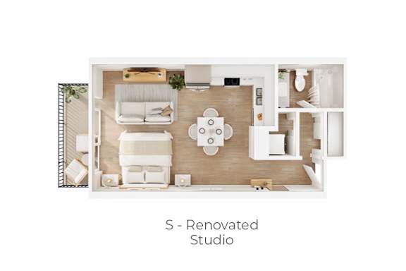 A top-down view of a modern, renovated studio apartment.