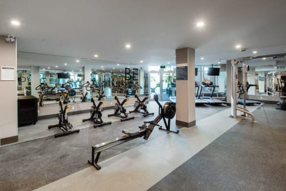 a gym with a lot of exercise equipment in it