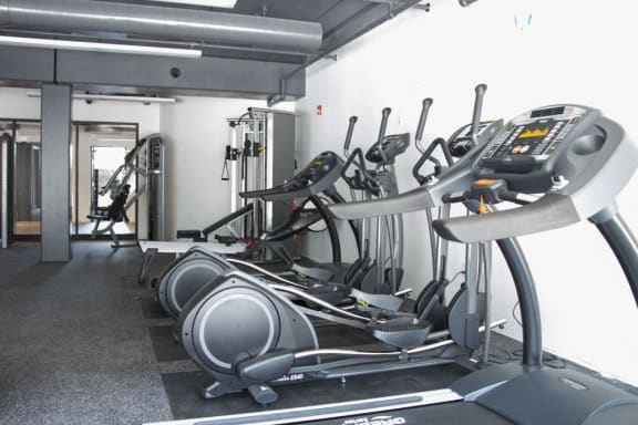 Treadmills and elliptical machines in The Conrad fitness center