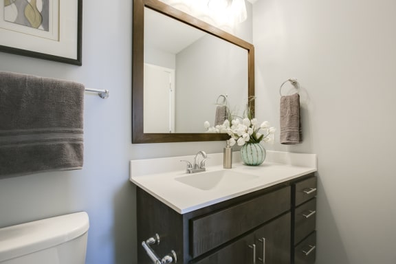 Bathroom vanity with dark brown cabinets and framed mirror