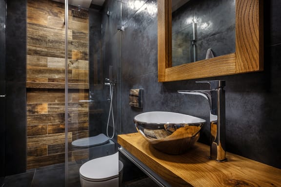 a bathroom with a bowl sink and a shower