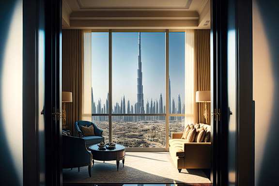 A living room with a view of the Burj Khalifa.