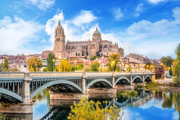 the cathedral of sevilla with the cathedral bridge and the river in the foreground