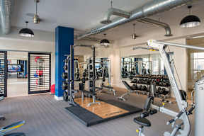 A gym with equipment including a weight bench and a leg press machine. at Dock 79, Washington, 20003