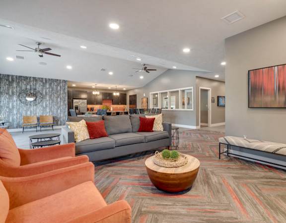 Clubhouse interior with comfortable seating at Highland View Apartments in north Lincoln NE 68521