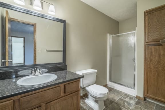 renovated bathroom with granite counters and large linen closet