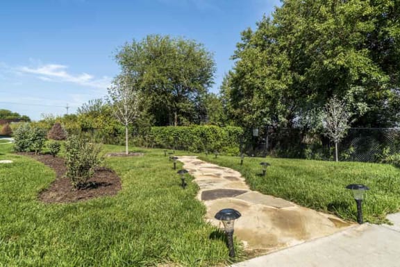 a walkway in a park with grass and trees
