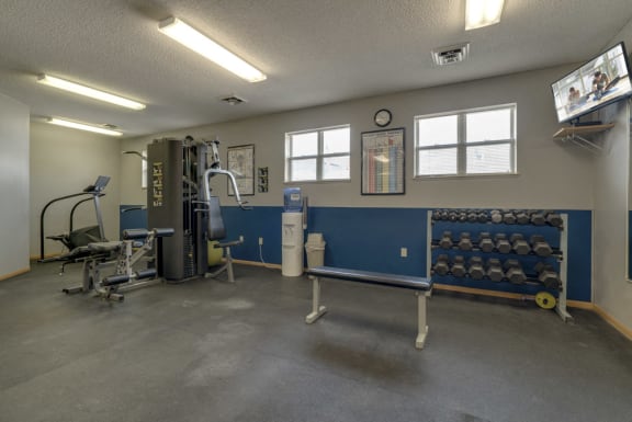 Strength training machines and free weights in the fitness center at Skyline View