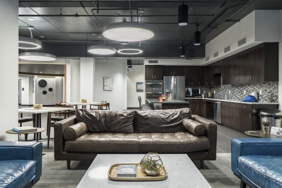 Dimly lit lounge with seating areas and kitchen