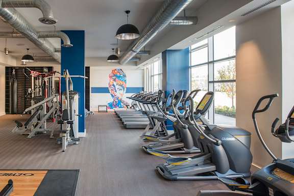 A gym with treadmills and exercise equipment. at Dock 79, District of Columbia, 20003