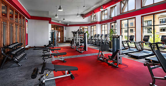 A gym with a red carpet and various exercise equipment.