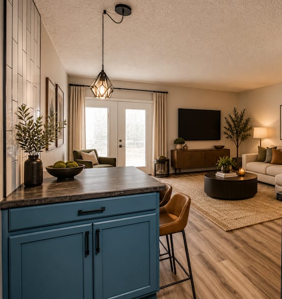 Fusion Las Vegas living room and kitchen with blue cabinets.