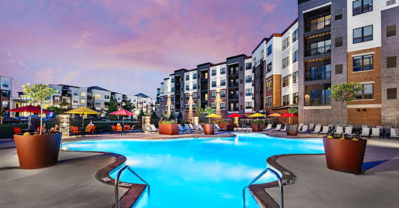 A large outdoor swimming pool surrounded by a metal railing and potted plants.