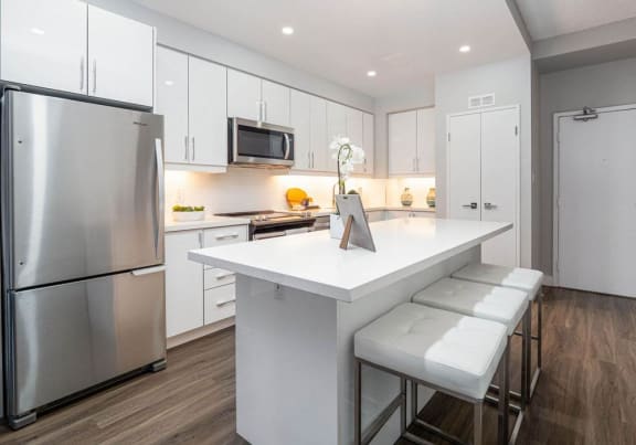 Modern suite kitchen with stainless steel appliances and quartz countertops