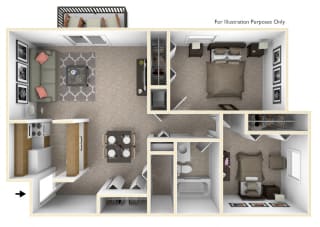 2-Bed/1-Bath, Iris View Floor Plan 2-Bed/1-Bath, Iris View Floor Plan at Beacon Hill Apartments, Rockford, Illinois