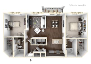 The Monterey - 2 BR 2 BA Floor Plan at Bella Vista Apartments, Fishers, 46038