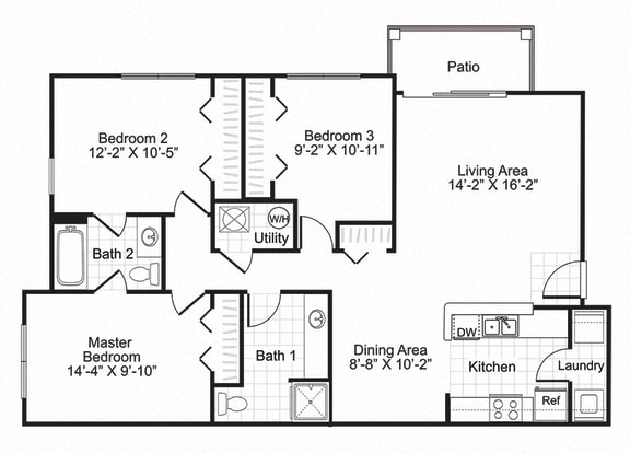 Floor Plan  Ardenne Apartments 3 bed 2 bath 1112 sqft with patio/balcony