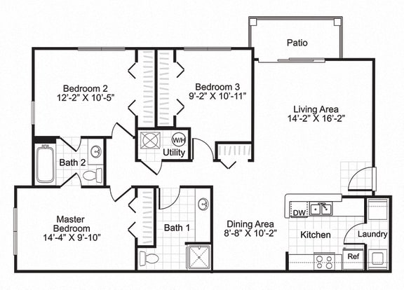 Floor Plan  C1 Affordable unit 3 bed 3 bath with patio