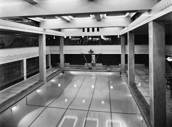 A black and white image of a bowling alley.
