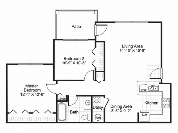 Floor Plan  B1 Affordable 2 bed 1 bath with patio